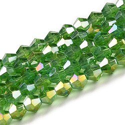Transparent galvanisieren Glasperlen Stränge, ab Farbe plattiert, facettiert, Doppelkegel, lime green, 3x2.5 mm, Bohrung: 0.7 mm, ca. 162~185 Stk. / Strang, 12.76~14.61 Zoll (32.4~37.1 cm)