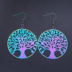 201 Stainless Steel Dangle Earrings, Tree of Life, Rainbow Color, 71x45mm, Pin: 0.7mm