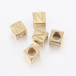 Perles européennes de lettre avec gros trou en 304 acier inoxydable, trou horizontal, cube avec letter.n, or, 8x8x8mm, Trou: 5mm