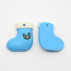 Abalorios de arcilla polimérica hechos a mano, zapatos de navidad, azul, 21 mm de largo, 20 mm de ancho, 9 mm de espesor, agujero: 1.5 mm