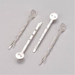 Silver Color Plated Iron Hair Bobby Pin Findings, Size: about 2mm wide, 52mm long, 2mm thick, Tray: 8mm in diameter, 0.5mm thick