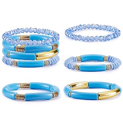 4Pcs 4 Style Acrylic Chunky Curved Tube Stretch Bracelet Sets, Polymer Clay & Glass Beads Stackable Bracelets for Women, Dodger Blue, Inner Diameter: 2-1/8 inch(5.3cm), 1Pc/style