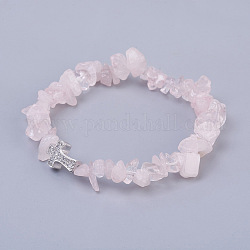 Bracelets extensibles avec perles en quartz rose naturel, avec micro en laiton paver perles cubes de zircone, puce et croix, platine, 2-1/8 pouce (5.3 cm) ~ 2-1/8 pouces (5.5 cm)