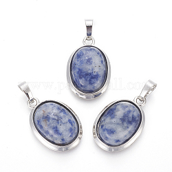Pendentifs en jaspe tache bleue naturelle, avec les accessoires en laiton, ovale, platine, 25~26x17~17.5x8~9mm, Trou: 8x5mm