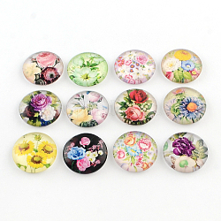 Un demi-rond / dôme motif floral verre cabochons dos plat pour les projets de bricolage, couleur mixte, 25x6mm