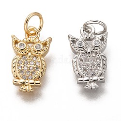 Brass Micro Pave Clear Cubic Zirconia Charms, Long-Lasting Plated, with Jump Ring, Owl Shape, Mixed Color, 14.5x8x2.5mm, Jump Ring: 5x1mm, 3mm Inner Diameter