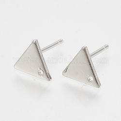 Accessoires de clous d'oreilles en laiton, avec boucle et plaque plate, trou, triangle, sans nickel, Platine plaqué réel, 7x8x1mm, Trou: 1mm, pin: 0.7 mm