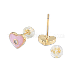Natural Shell & Enamel Heart Stud Earrings with Cubic Zirconia, Golden Brass Jewelry for Women, Nickel Free, Pearl Pink, 7.5x8.5mm, Pin: 0.7mm
