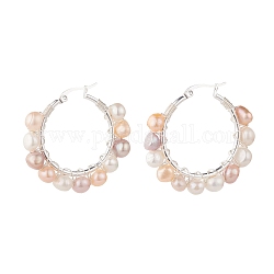 Aretes de aro con cuentas envueltos en alambre de perla natural para mujer, plata, color de concha, 38x41x8mm, pin: 0.8 mm