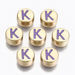 Perline smaltato in lega,  cadmio& piombo libero, tondo piatto con lettere iniziali, oro chiaro, viola medio, letter.k, 8x4mm, Foro: 1.5 mm