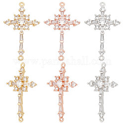 Beebeecraft 6Pcs 3 Colors Brass Pave Clear Cubic Zirconia Connector Charms, Cross Links, Mixed Color, 34x20x4mm, Hole: 1mm, 2pcs/color