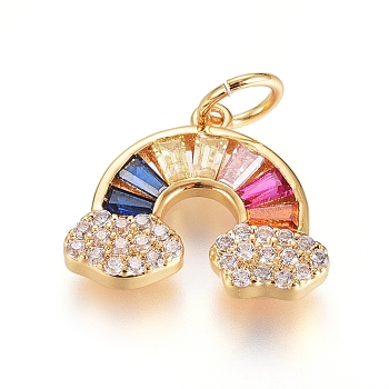 Colgante micropavé cubic zirconia de latón, con anillo de salto, Plateado de larga duración, arco iris, colorido, real 18k chapado en oro, 11.5x14x2mm, agujero: 3.5 mm