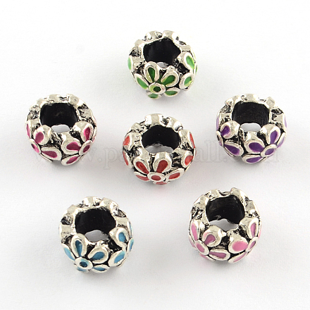 Antique Silver Plated Rondelle with Flower Alloy Enamel Beads ENAM-Q421-04-1