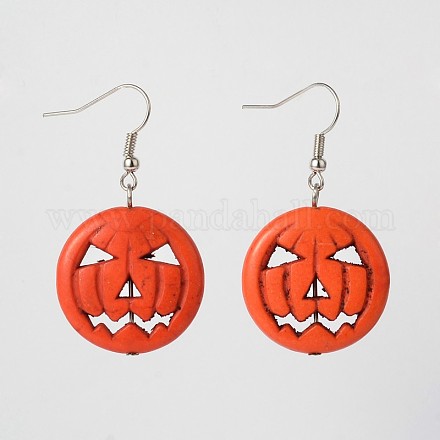 Halloween Pumpkin Jack-O'-Lantern Jack o Lantern Synthetic Turquoise Dangle Earrings EJEW-JE01571-01-1