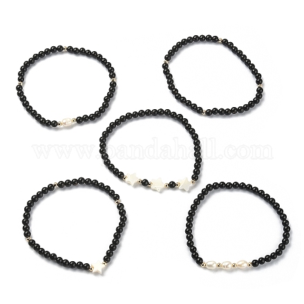 5Pcs 5 Style Synthetic Black Stone & Pearl & Shell Star Beaded Stretch Bracelets Set BJEW-JB09495-02-1