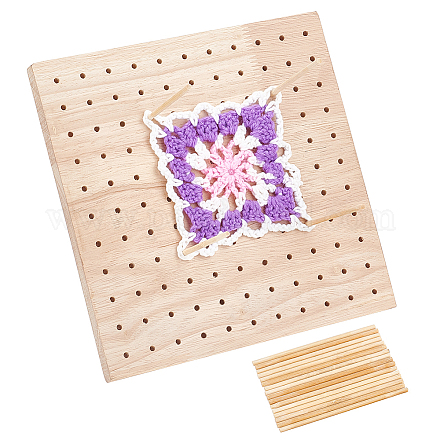 ラバーウッドかぎ針編みブロックボード  正方形  木製ペグ20本付き。  小麦  ボード：23x23x2センチメートル  ペグ：1.05x0.4cm DIY-WH0033-80-1