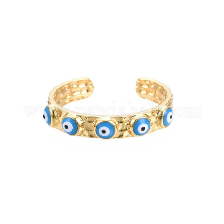 Настоящее 18-каратное позолоченное латунное открытое кольцо-манжета с эмалью от сглаза для женщин RJEW-Q166-02C-1