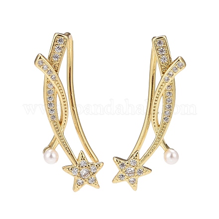 Cubic Zirconia Star Dangle Earrings with Pearl EJEW-A069-05G-1