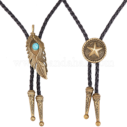 GORGECRAFT 2 Pieces Bolo Tie for Men Lariat Leather Necklaces Flat Round with Star Feather with Evil Eye Pendant Western Cowboy Vintage Punk Necklace Antique Bronze Halloween Costume Accessories NJEW-GF0001-04-1