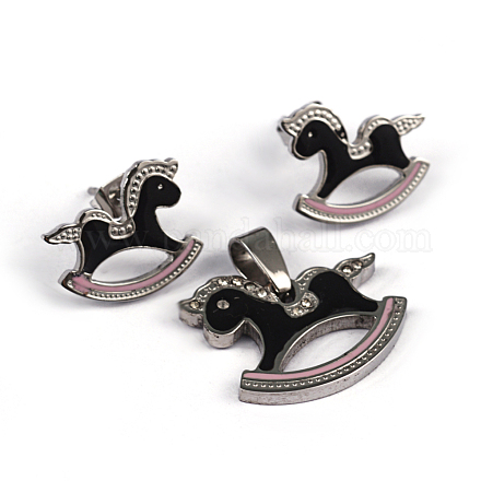 Hobbyhorse 304 acier inoxydable pendentifs émail strass et stud ensembles bijoux boucles d'oreilles SJEW-F130-06P-1