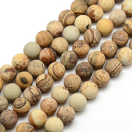Frosted Natural Picture Jasper Round Bead Strands G-M064-14mm-05-1