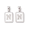 304 Stainless Steel Pave Shell Pendants, Rectangle Charm, Stainless Steel Color, Letter N, 17.5x12x1.5mm, Hole: 3x5mm