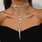 Brass Full Rhinestone Flat Round Tassel Y Necklaces for Women, Silver Color Plated, Emerald, 11.57 inch(29.4cm)