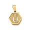 304 Stainless Steel Charms, Real 18K Gold Plated, Hexagon with Letter Charm, Letter U, 15x14x1.5mm, Hole: 3x5.5mm