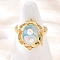 Brass Sky Blue Enamel Flower Cuff Rings, with ABS Plastic Imitation Pearl, Real 18K Gold Plated, Rack Plating, Long-Lasting Plated, Cadmium Free & Lead Free, Oval, Inner Diameter: Adjustable, Oval: 20x15.5mm