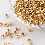 Electroplate Glass Seed Beads, Round Hole Rocailles, Golden Plated, 3.5~5.5x2.5~6.8mm, Hole: 1mm
