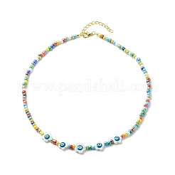 Fiore di conchiglia naturale con malocchio e braccialetto elasticizzato con collana di perline di semi di vetro&nbsp;SJEW-JS01248