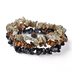 Chips naturelles labradorite et flocon de neige obsidienne et oeil de tigre ensembles de bracelets extensibles perlés&nbsp;X-BJEW-JB05332-05