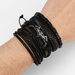 4 stücke 4 arten fledermaus legierung & holz & wachs schnur & imitation leder geflochtene perlen armbänder & stretch armbänder für männer&nbsp;FS-WG50DFD-01