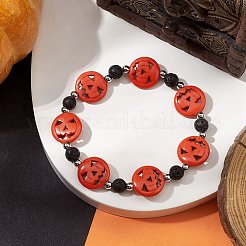 Halloween Kürbis synthetisches Türkis & natürliche Lavastein Perlen Stretch-Armbänder&nbsp;BJEW-TA00487