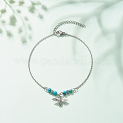 Tobillera de acero inoxidable 304 con dije de abeja y cuentas redondas de jade blanco natural para mujer&nbsp;AJEW-AN00498-02