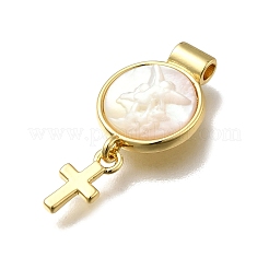 Messing Pavé Naturweiß Muschel flach rund mit Kreuzanhängern&nbsp;KK-C090-40G-06
