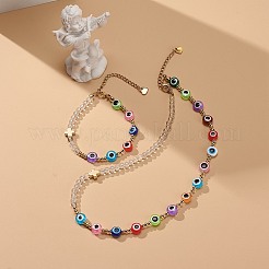 Pulsera y collar con cuentas de mal de ojo de resina y cristal de cuarzo natural&nbsp;SJEW-JS01253