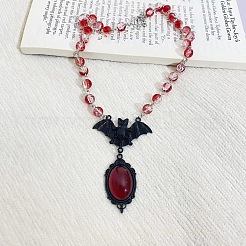 Legierung rotem Glas Fledermaus Anhänger runde Glas Link Halsketten für Halloween&nbsp;LS-NJEW-H075-02PEB