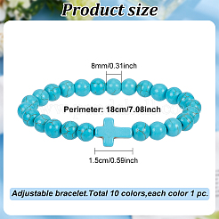 10 Stück 10 Stile natürliches Lavagestein & gefärbtes synthetisches türkisfarbenes Kreuzperlen-Stretch-Armband-Set&nbsp;BJEW-AN0001-76
