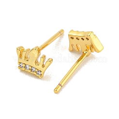 Orecchini a bottone con corona in ottone placcato a cremagliera con micro pavè di zirconi trasparenti&nbsp;EJEW-B061-03G
