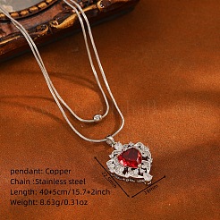 Collar de doble capa con colgante de corazón de latón pavé de circonitas cúbicas rojas y cadena redonda tipo serpiente para mujer.&nbsp;WG9EE5F-02