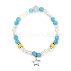 Pulseras elásticas con cuentas de perlas de plástico ABS y jade de Malasia natural teñido y redondo para mujer&nbsp;BJEW-JB11643-01