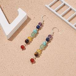 Pendientes colgantes largos con cuentas de piedras preciosas mixtas naturales y sintéticas con tema de chakra&nbsp;EJEW-TA00111