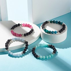 Natürliches Chalcedon & natürliches Lavastein-Stretcharmband mit runden Perlen für sie&nbsp;BJEW-JB06920