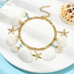 Bracciale con ciondolo in lega smaltata e stella marina in acciaio inossidabile 304 e conchiglia naturale&nbsp;BJEW-TA00356