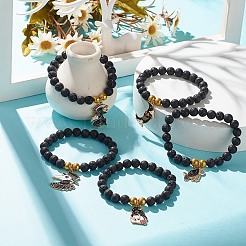 Bracciale elasticizzato con perline rotonde in pietra lavica naturale con ciondolo in smalto in lega di Halloween&nbsp;BJEW-JB08012