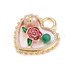 Messing-Emaille und Naturperlenherz mit Rosenblütenanhängern&nbsp;KK-K351-49G-01