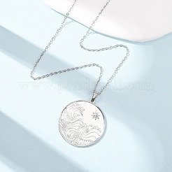 Collana con ciondolo a forma di moneta e onda marina in acciaio inossidabile 304&nbsp;NJEW-K308-06P
