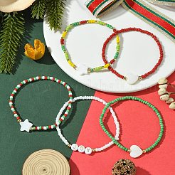 5 pz 5 stili braccialetti elasticizzati con perline di vetro a tema natalizio per donna&nbsp;BJEW-TA00533