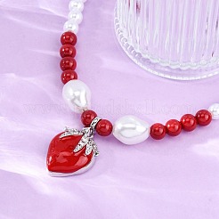Collane con ciondolo in smalto rosso con micro pavé di zirconi cubici trasparenti in ottone fragola per donna&nbsp;NJEW-G162-04P